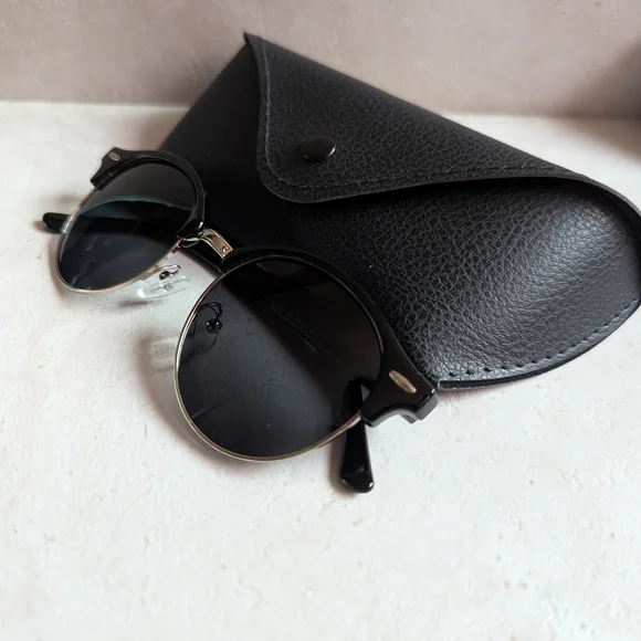 Classic Round Black and Silver Unisex Sunglasses with Case - Picture 5 of 5